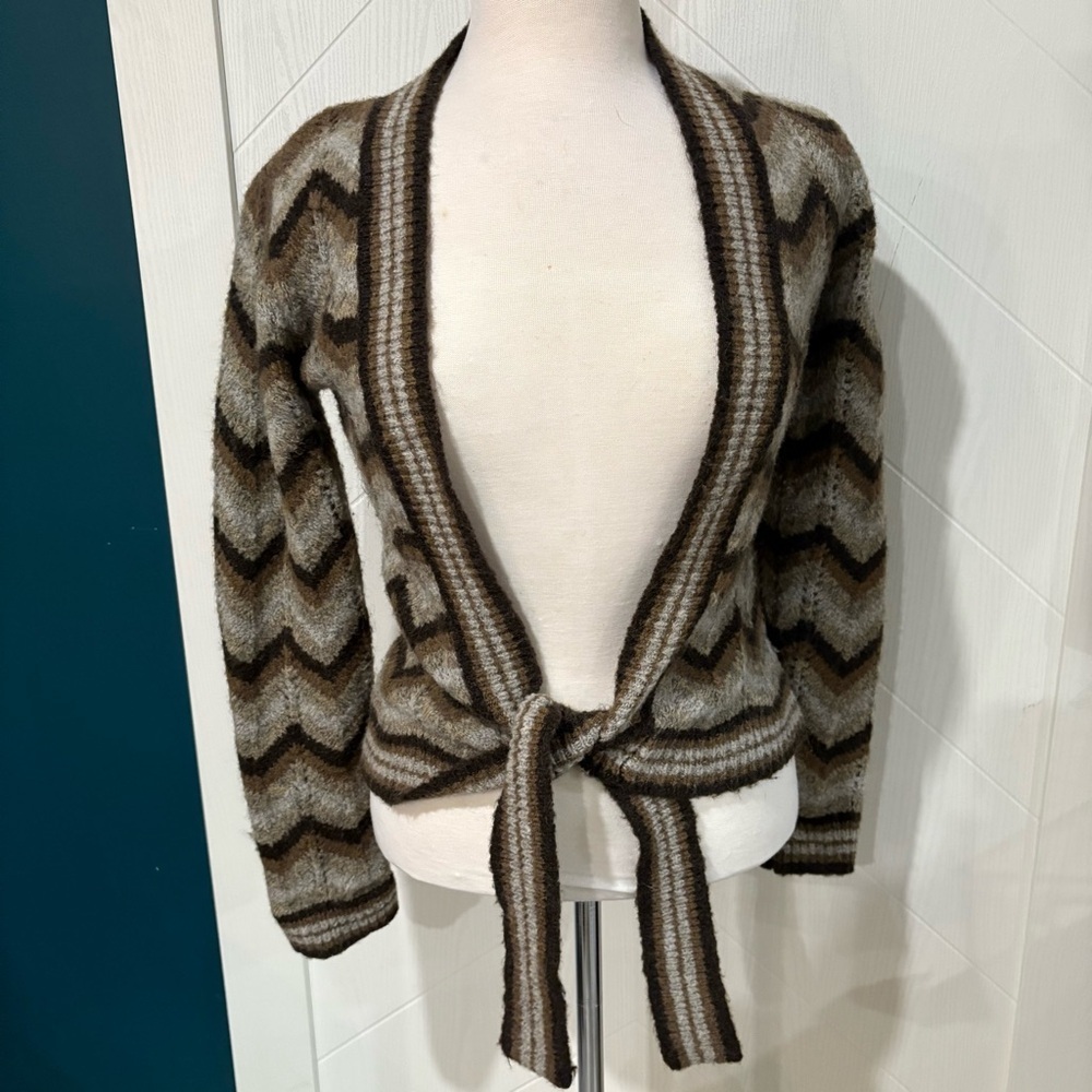 Chevron Tie-Front Cardigan - Brown and Cream boho Retro 70s Look /‎ cottagecore